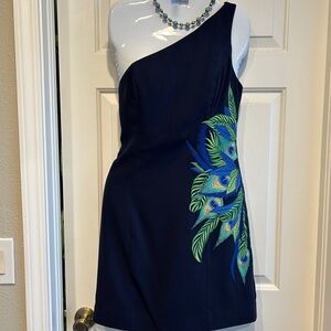 Lilly Pulitzer Elegant One-Shoulder Navy Dress with Peacock Embroidery size 4